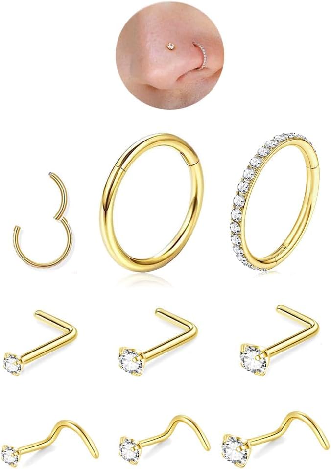 DALI 8PCS Titanium Nose Rings Stud, Gold Nose Ring for Women Men Hypoallergenic Nostril Hoops L Shape Nose Studs Corkscrew CZ Nose Piercing Jewelry Silver 18G & 20G Nose Ring Studs 2/2.5/3mm - Image 1